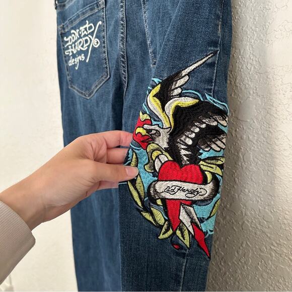 Ed Hardy Y2K Wide Leg Embroidered Logo Jeans 28 - Picture 6 of 7